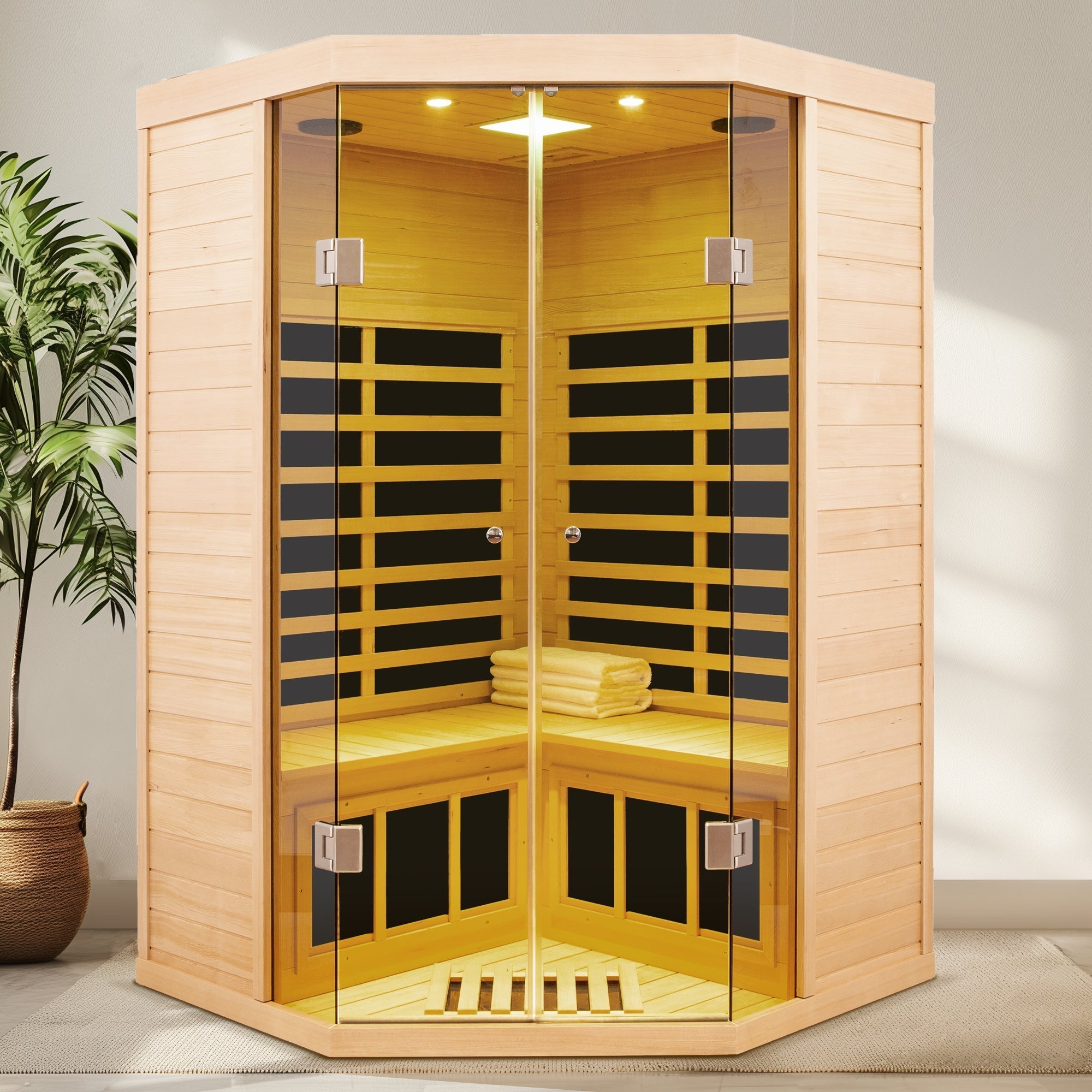 Deluxe Hemlock Far Infrared Corner Sauna Room with Glass Front for Two Persons - The Vitality Estate