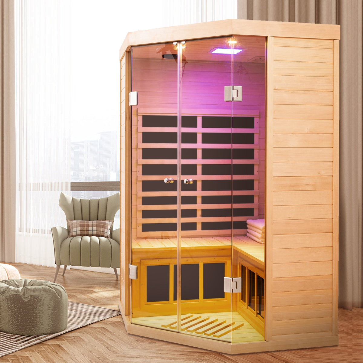 Deluxe Hemlock Far Infrared Corner Sauna Room with Glass Front for Two Persons - The Vitality Estate