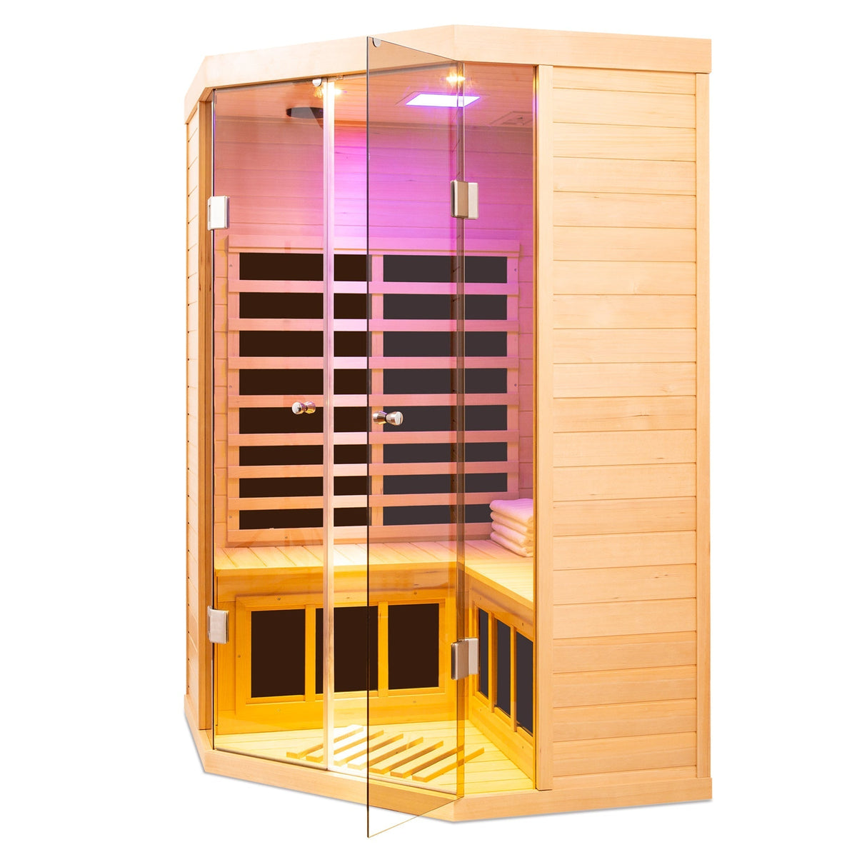Deluxe Hemlock Far Infrared Corner Sauna Room with Glass Front for Two Persons - The Vitality Estate