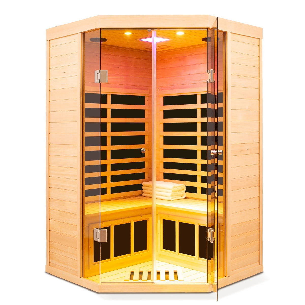Deluxe Hemlock Far Infrared Corner Sauna Room with Glass Front for Two Persons - The Vitality Estate