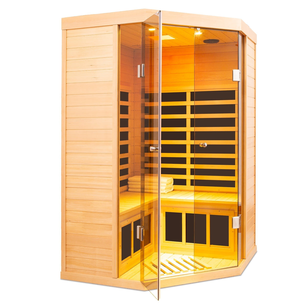 Deluxe Hemlock Far Infrared Corner Sauna Room with Glass Front for Two Persons - The Vitality Estate