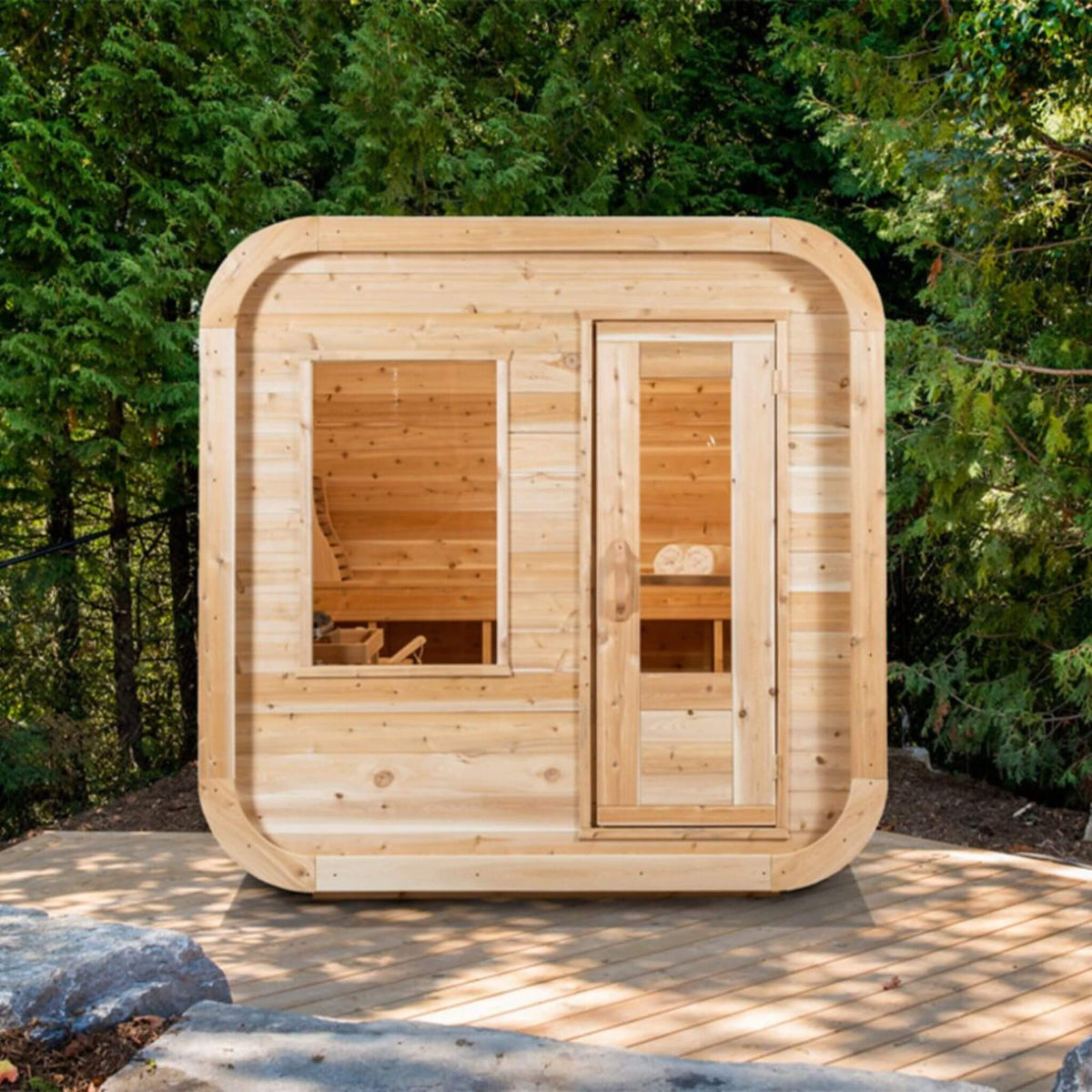 Dundalk Leisurecraft 4-Person Canadian Timber Luna Cube Sauna With Sloped Roof And Front Window [CTC22LU] (SAK96475) - The Vitality Estate