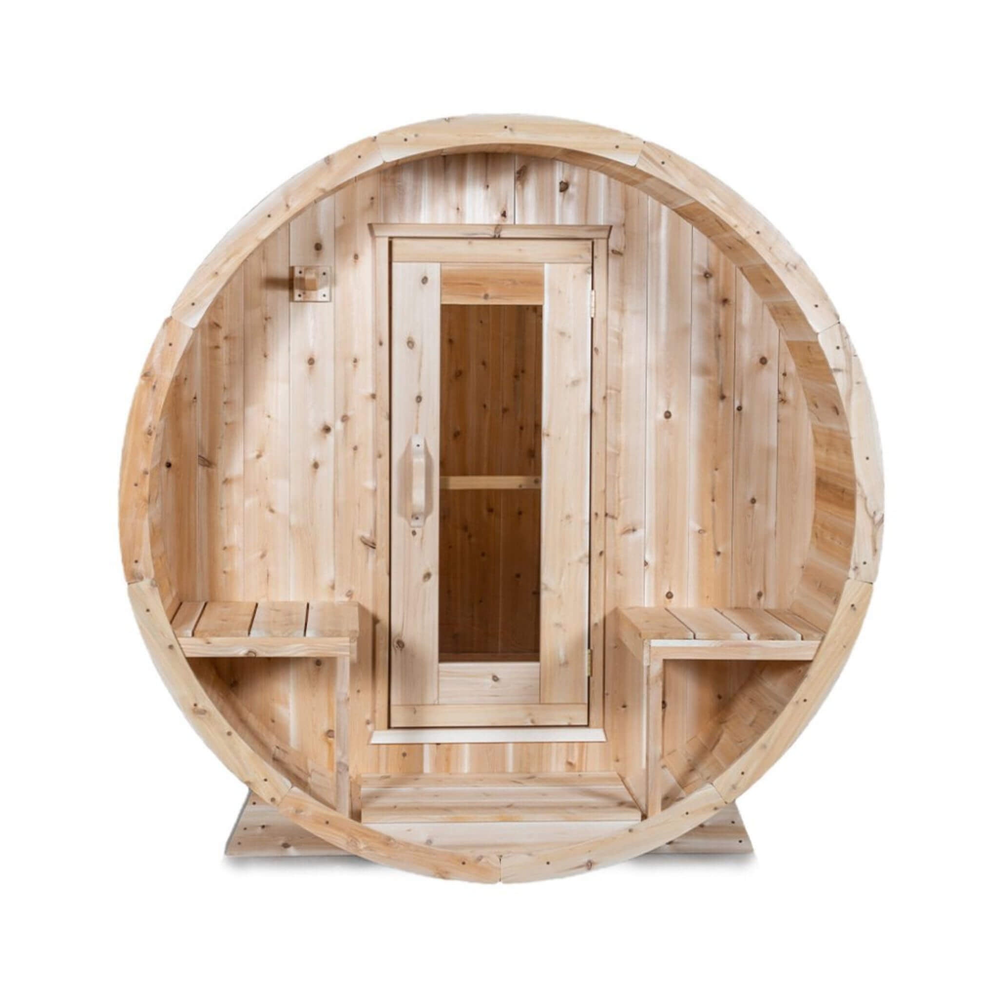 Dundalk Leisurecraft 4-Person Canadian Timber Serenity Barrel Sauna With Solid Wood Benches [CTC2245W] (SAK94862) - The Vitality Estate