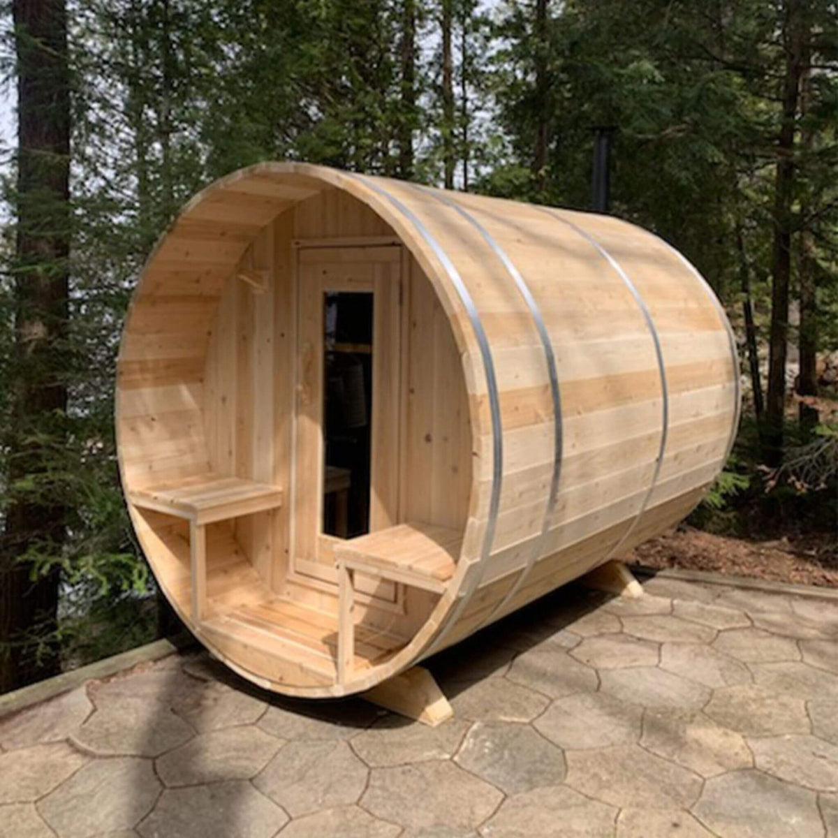 Dundalk Leisurecraft 4-Person Canadian Timber Serenity Barrel Sauna With Solid Wood Benches [CTC2245W] (SAK94862) - The Vitality Estate