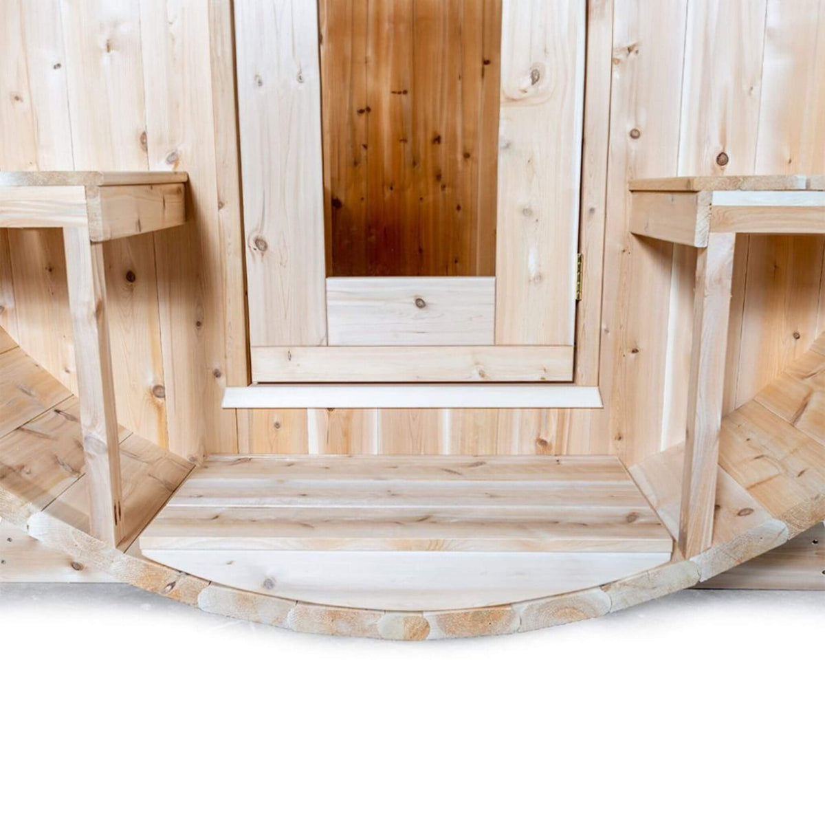 Dundalk Leisurecraft 4-Person Canadian Timber Serenity Barrel Sauna With Solid Wood Benches [CTC2245W] (SAK94862) - The Vitality Estate