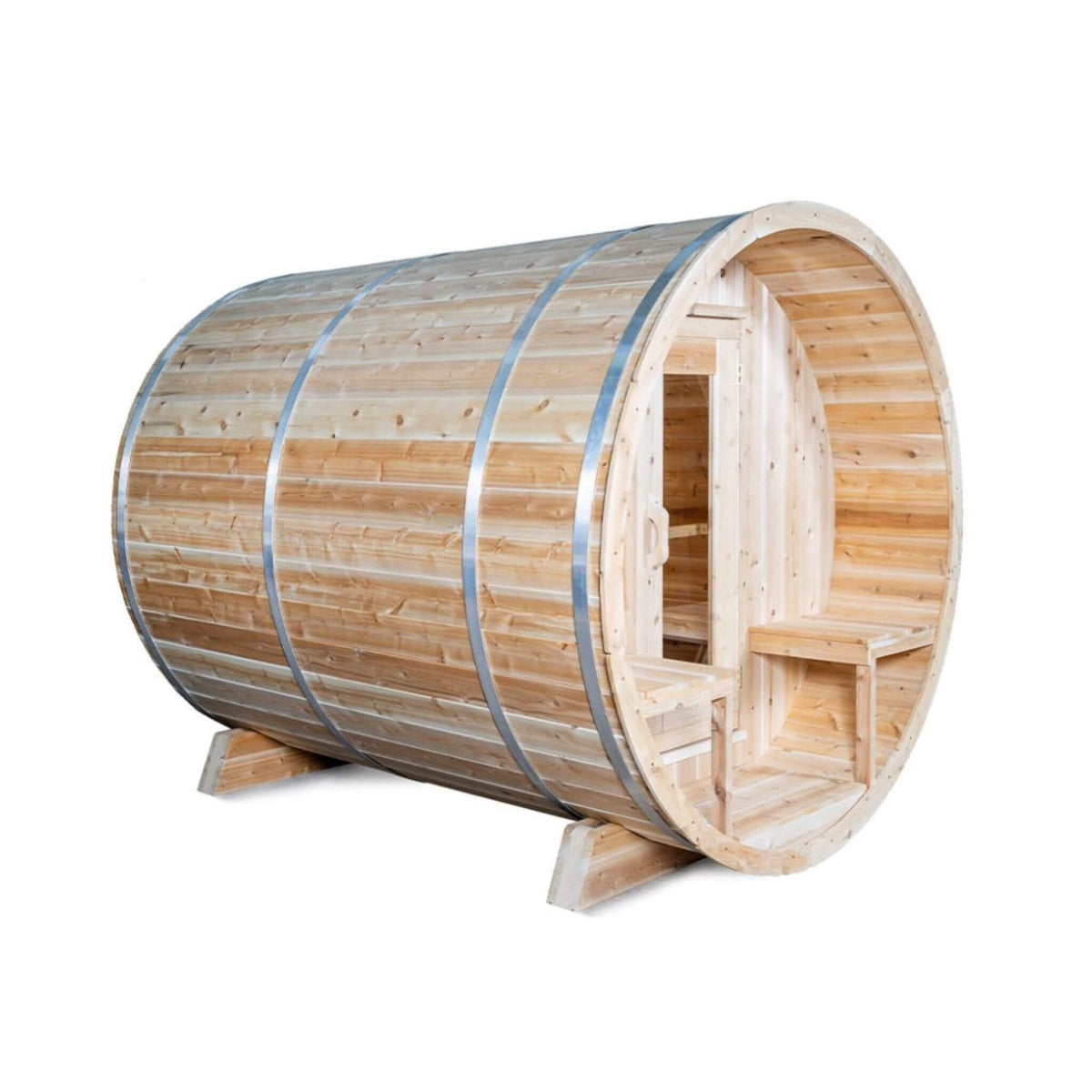 Dundalk Leisurecraft 4-Person Canadian Timber Serenity Barrel Sauna With Solid Wood Benches [CTC2245W] (SAK94862) - The Vitality Estate