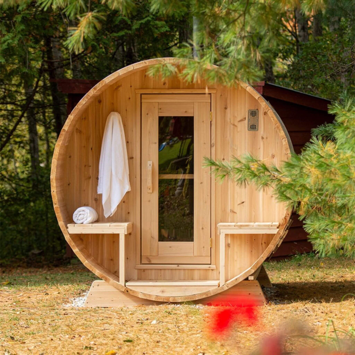 Dundalk Leisurecraft 4-Person Canadian Timber Serenity Barrel Sauna With Solid Wood Benches [CTC2245W] (SAK94862) - The Vitality Estate