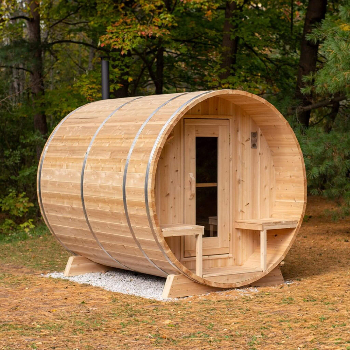 Dundalk Leisurecraft 4-Person Canadian Timber Serenity Barrel Sauna With Solid Wood Benches [CTC2245W] (SAK94862) - The Vitality Estate