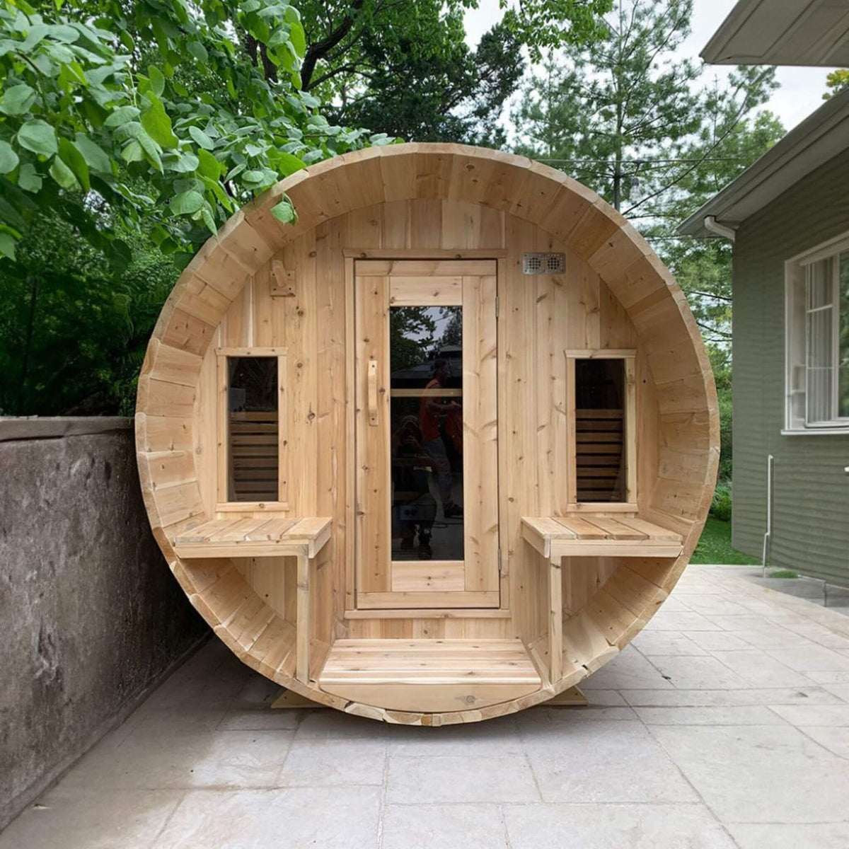 Dundalk Leisurecraft 6-Person Canadian Timber Tranquility Barrel Sauna With Front Porch [CTC2345W] (SAK96814) - The Vitality Estate
