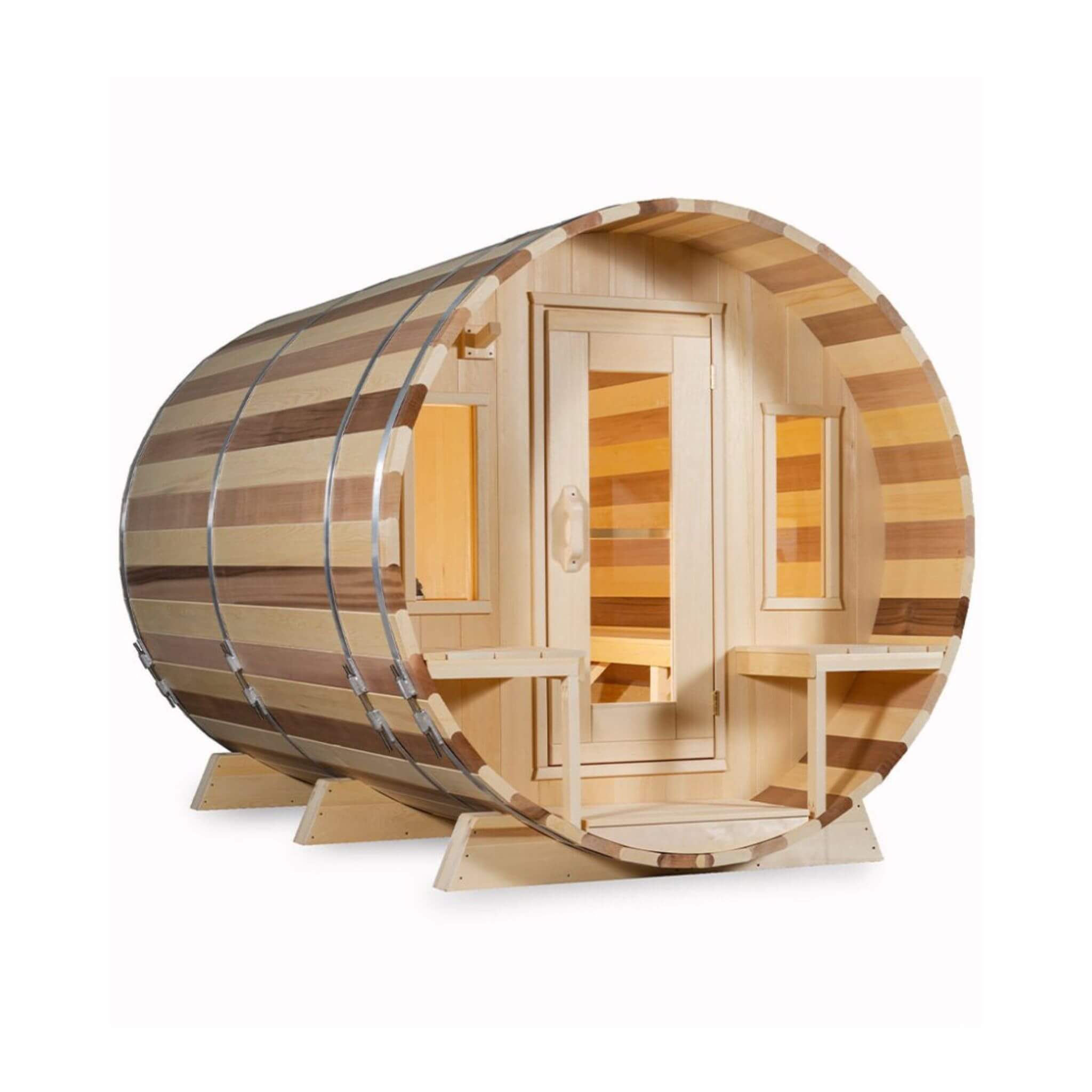 Dundalk Leisurecraft 6-Person Canadian Timber Tranquility Barrel Sauna With Front Porch [CTC2345W] (SAK96814) - The Vitality Estate