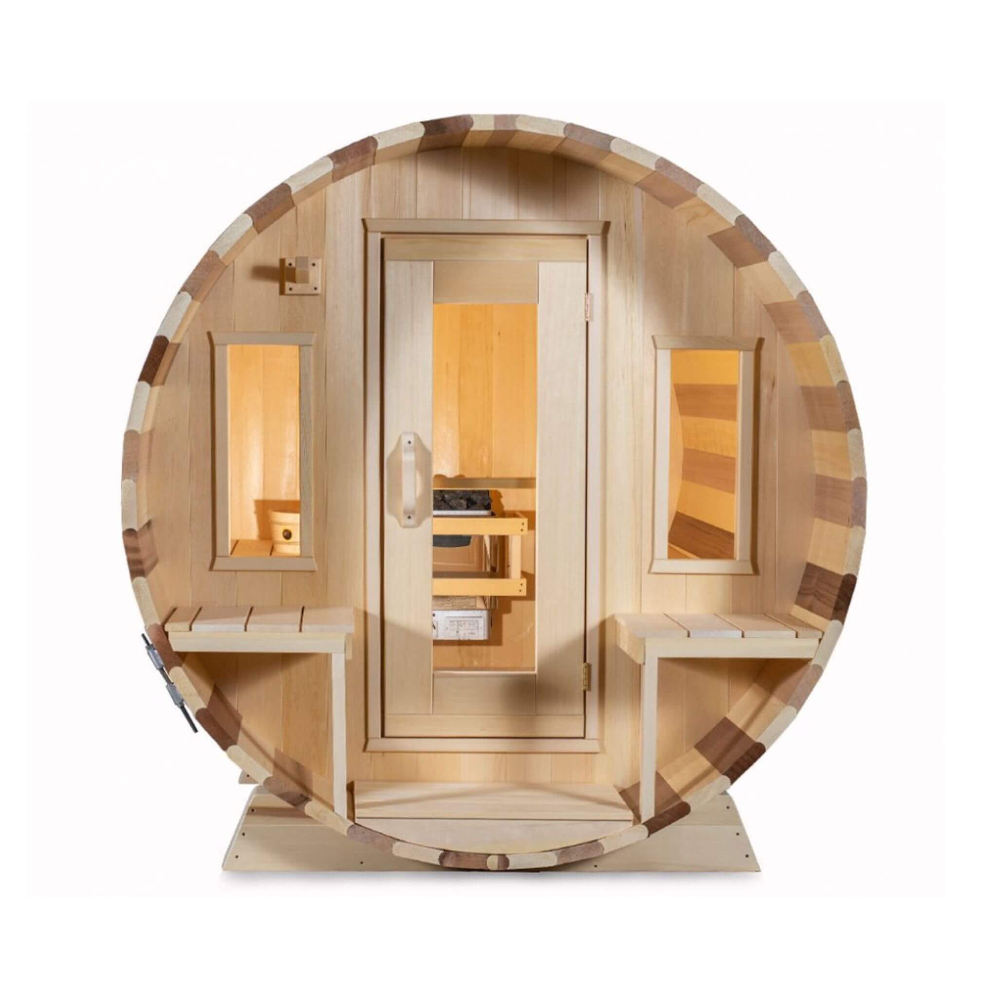 Dundalk Leisurecraft 6-Person Canadian Timber Tranquility Barrel Sauna With Front Porch [CTC2345W] (SAK96814) - The Vitality Estate