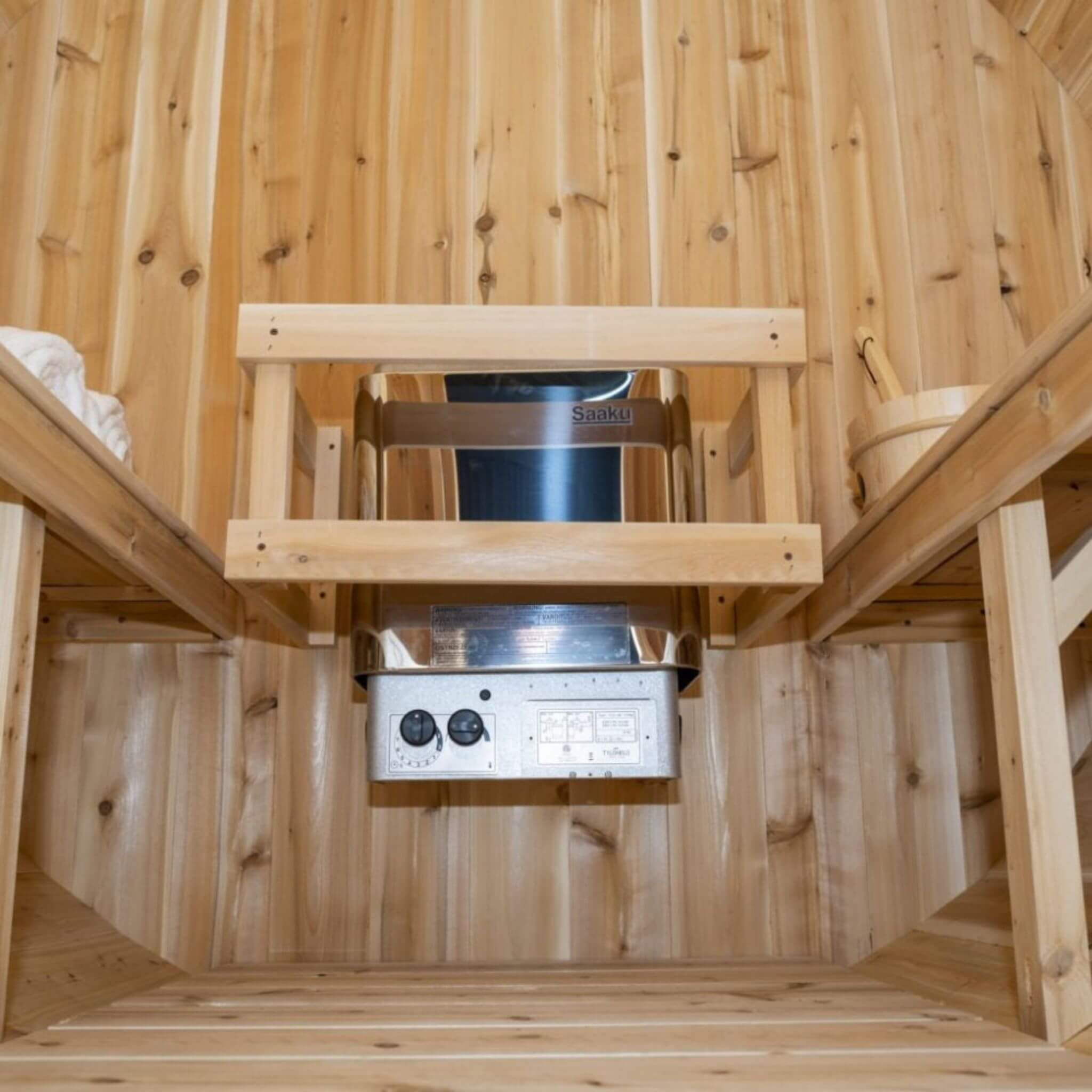 Dundalk Leisurecraft 84-Inch 4-Person Canadian Timber Harmony Barrel Sauna With Solid Wood Benches [CTC22W] (SAK96842) - The Vitality Estate