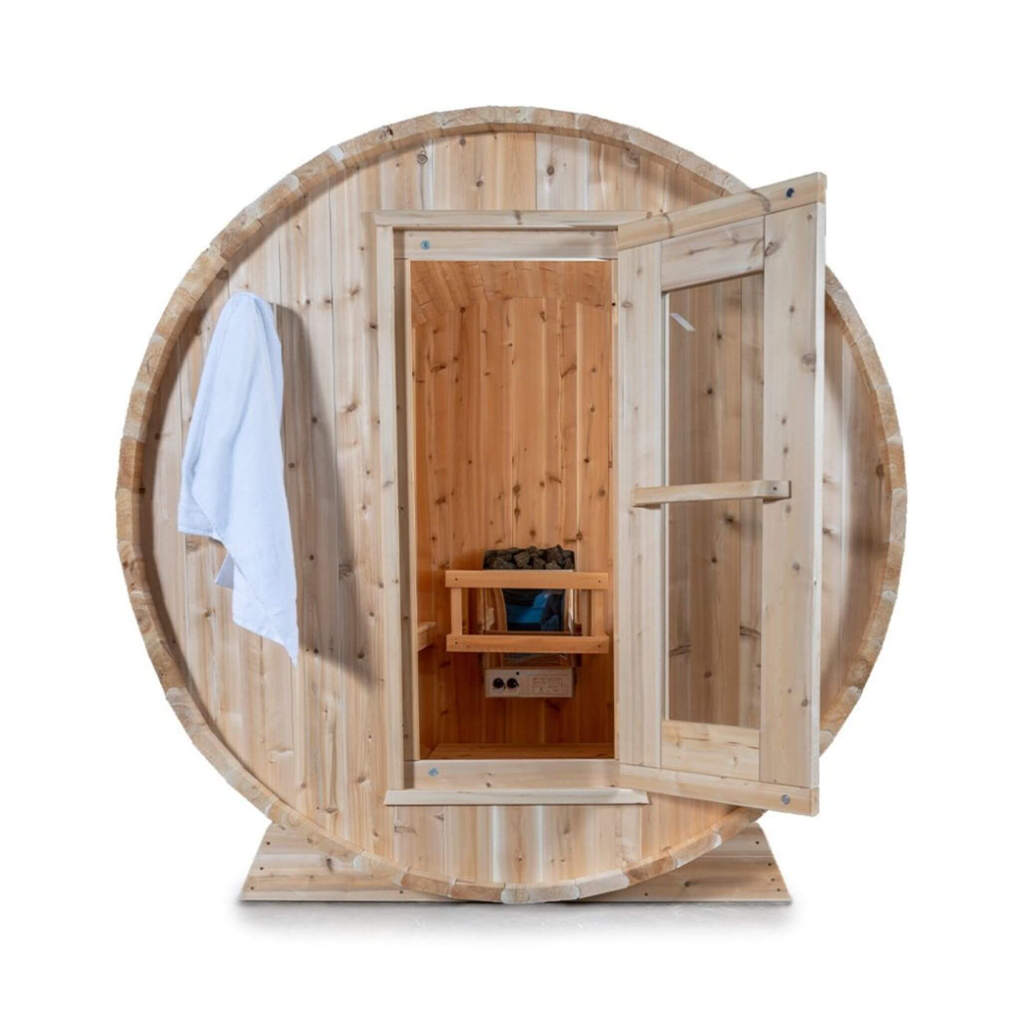 Dundalk Leisurecraft 84-Inch 4-Person Canadian Timber Harmony Barrel Sauna With Solid Wood Benches [CTC22W] (SAK96842) - The Vitality Estate