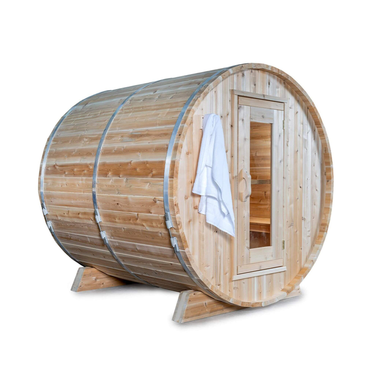Dundalk Leisurecraft 84-Inch 4-Person Canadian Timber Harmony Barrel Sauna With Solid Wood Benches [CTC22W] (SAK96842) - The Vitality Estate
