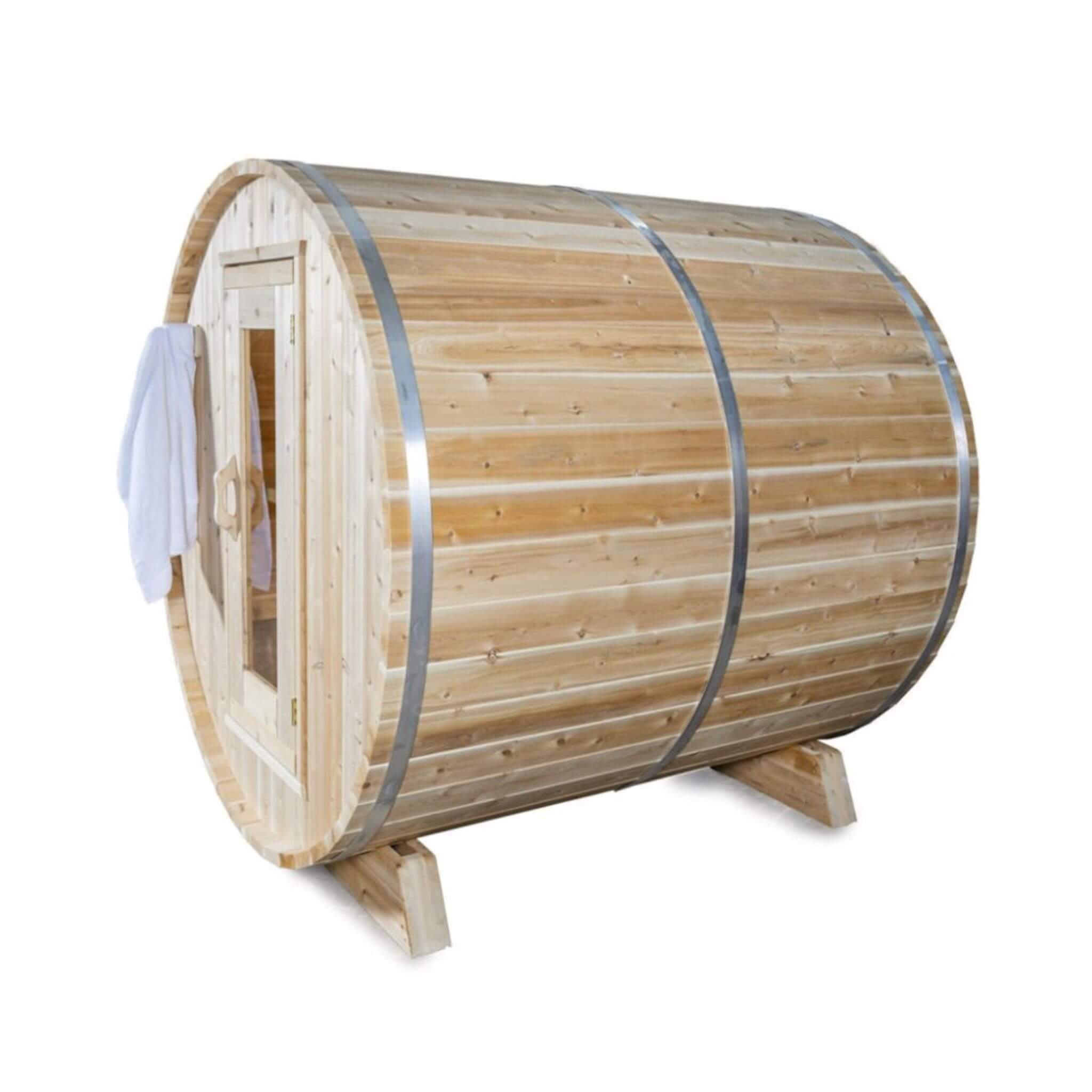 Dundalk Leisurecraft 84-Inch 4-Person Canadian Timber Harmony Barrel Sauna With Solid Wood Benches [CTC22W] (SAK96842) - The Vitality Estate