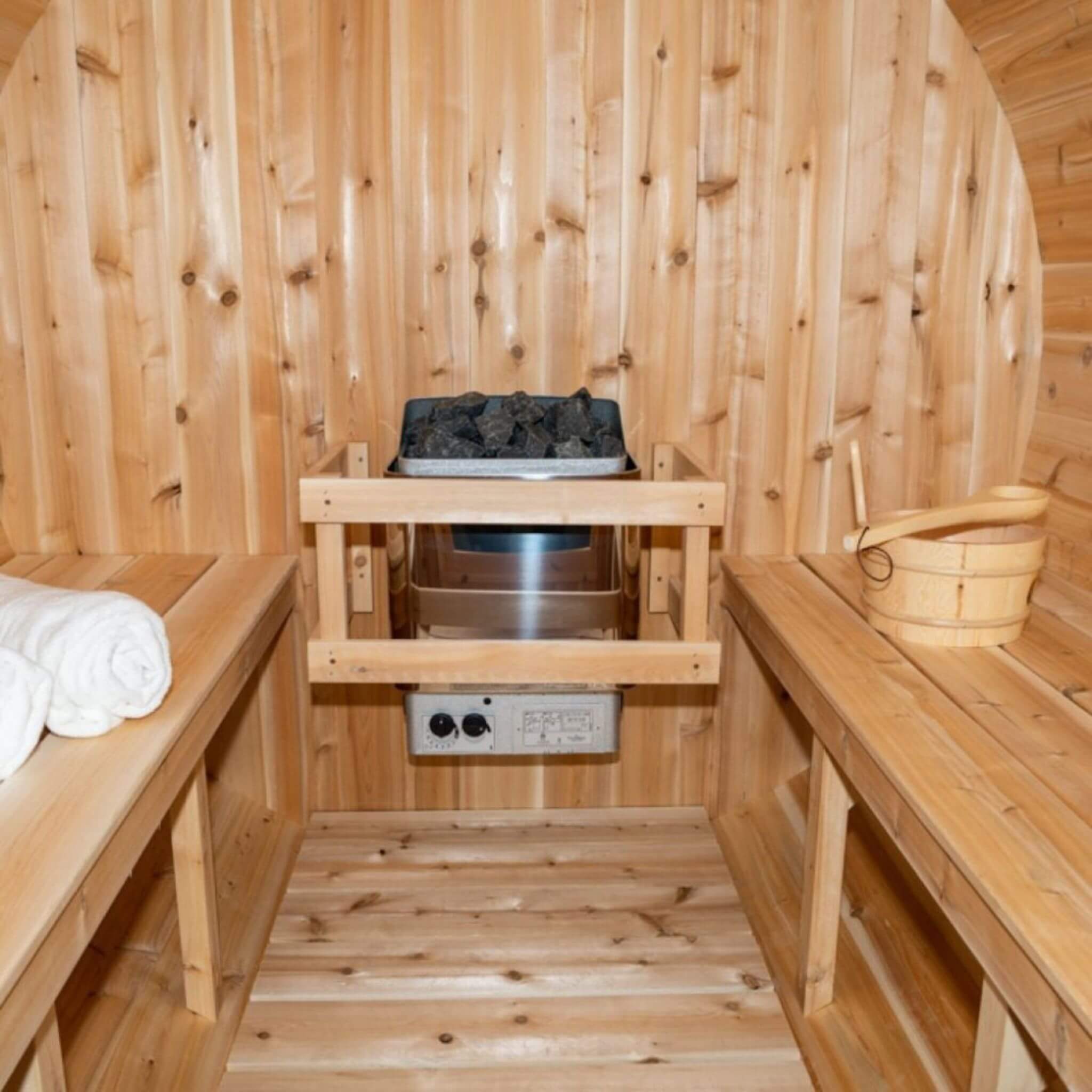 Dundalk Leisurecraft 84-Inch 4-Person Canadian Timber Harmony Barrel Sauna With Solid Wood Benches [CTC22W] (SAK96842) - The Vitality Estate