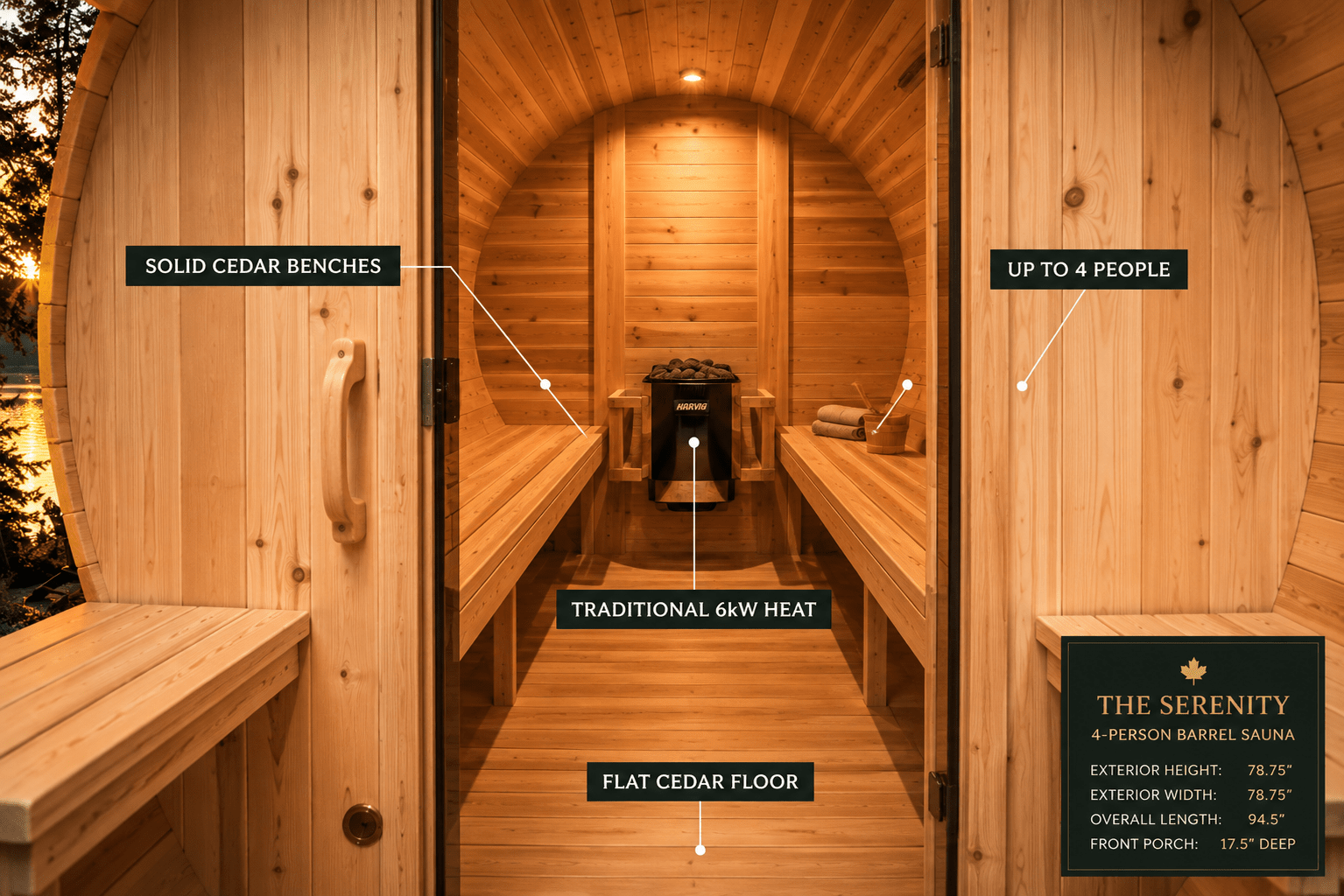 Dundalk LeisureCraft Serenity 4-Person Outdoor Barrel Sauna - The Vitality Estate