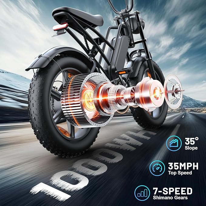 E500 Electric Bike for Adults 1000W Peak Motor, 20" Fat Tire Dirt E-Bike with 35MPH, 40 Miles PAS Range, Electric Bicycles with 48V Removable Battery, 7-Speed E Bike for Mountain Beach Sand Road Snow - The Vitality Estate