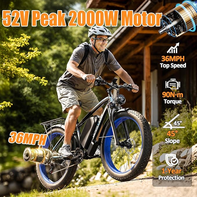 Ebike for Adults Electric, 52V 19.2Ah/32Ah, Peak 2000W/2500W E-Bike, 36/40MPH, 70 Miles/100Miles Long Range, Hydraulic Disc Brake, Off Road Snow Mountain E-Bike, 24"/26" Fat Tire Fast Electric Bicycle - The Vitality Estate