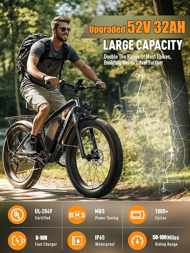 Ebike for Adults Electric, 52V 19.2Ah/32Ah, Peak 2000W/2500W E-Bike, 36/40MPH, 70 Miles/100Miles Long Range, Hydraulic Disc Brake, Off Road Snow Mountain E-Bike, 24"/26" Fat Tire Fast Electric Bicycle - The Vitality Estate