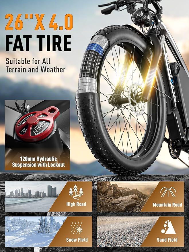 Ebike for Adults Electric, 52V 19.2Ah/32Ah, Peak 2000W/2500W E-Bike, 36/40MPH, 70 Miles/100Miles Long Range, Hydraulic Disc Brake, Off Road Snow Mountain E-Bike, 24"/26" Fat Tire Fast Electric Bicycle - The Vitality Estate