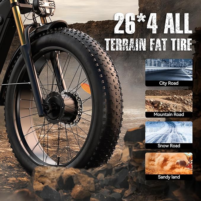 Electric Bike for Adult, 52V 20Ah Peak 3000W Dual Motor 26" Fat Tire Ebike, Max 38Mph & 35-90 Miles Full Suspension, Mountain E Bicycle for Men - The Vitality Estate