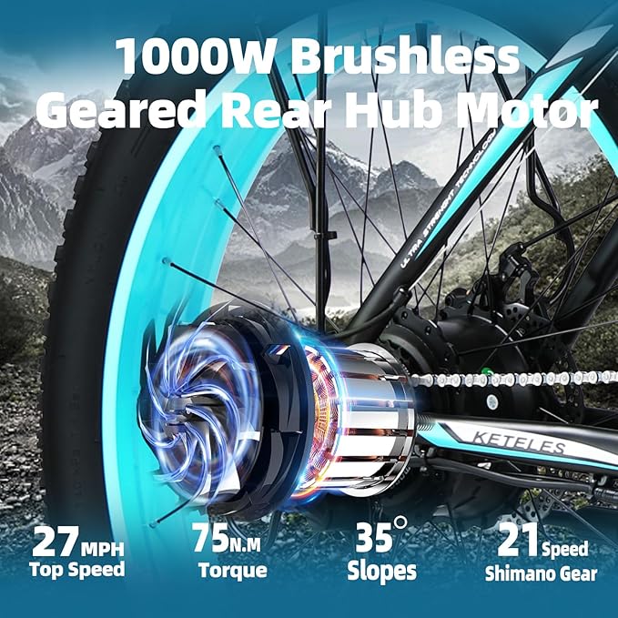 Electric Bike for Adults，26" x 4" Fat Tire Ebike，28MPH 1000W Motor Peak Power 2000W Electric Bicycles，48V 15AH Removable Battery，21 Speed Mountain Snow Beach E Bike - The Vitality Estate