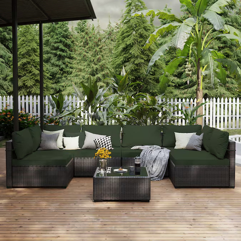7 -Piece Rattan Patio Conversation Set with Green Cushions