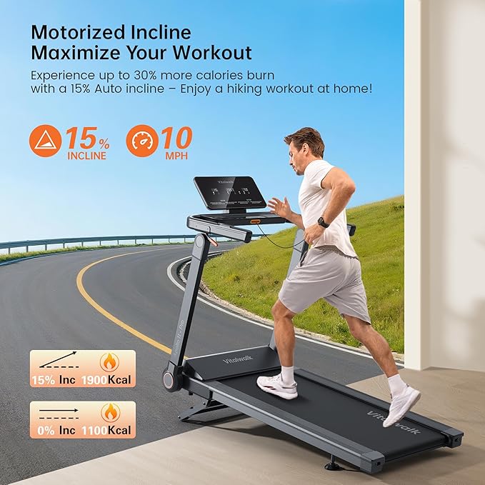 Foldable Treadmill with 15% Auto Incline & 10MPH - Commercial 3.5HP Brushless Quiet, 18"x48" Wide Running Deck, Walking Pad Treadmill for Home Gym Office, 350lbs Capacity, APP - No Installation - The Vitality Estate