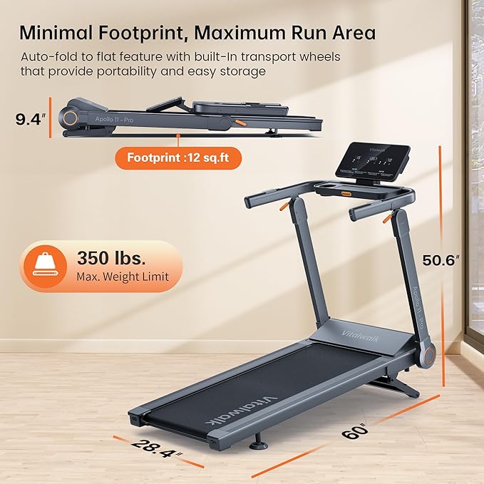 Foldable Treadmill with 15% Auto Incline & 10MPH - Commercial 3.5HP Brushless Quiet, 18"x48" Wide Running Deck, Walking Pad Treadmill for Home Gym Office, 350lbs Capacity, APP - No Installation - The Vitality Estate
