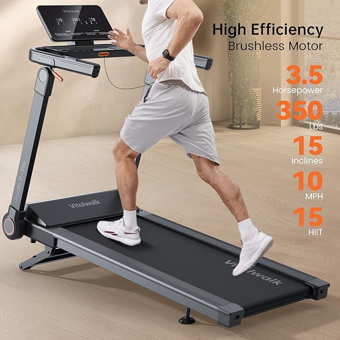 Foldable Treadmill with 15% Auto Incline & 10MPH - Commercial 3.5HP Brushless Quiet, 18"x48" Wide Running Deck, Walking Pad Treadmill for Home Gym Office, 350lbs Capacity, APP - No Installation - The Vitality Estate