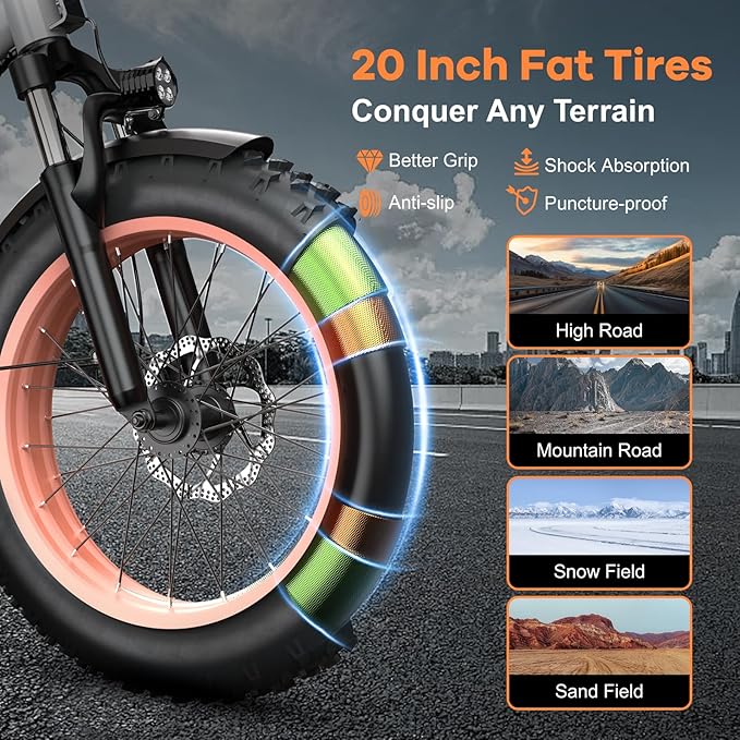 Folding Electric Bike for Adults with Peak 1000W Motor, 48V 20AH Battery up to 30MPH 80 Miles, 20" Fat Tire All Terrain Ebike, Front Suspension 7-Speed Commuter E Bike, Step-Thru, UL Certified - The Vitality Estate