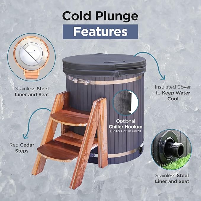 Ice Bath Tub | Cold-Plunge Therapy | Cold Plunge Tub | Up-Right Ice Bath | 118 Gallon Water Capacity | Steps & Cover Included | 37.5” x 33.25” - The Vitality Estate