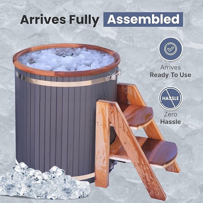 Ice Bath Tub | Cold-Plunge Therapy | Cold Plunge Tub | Up-Right Ice Bath | 118 Gallon Water Capacity | Steps & Cover Included | 37.5” x 33.25” - The Vitality Estate