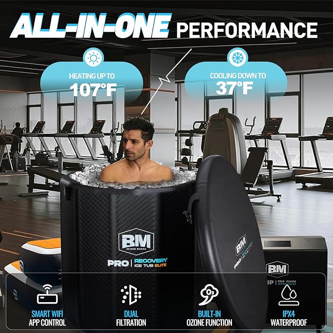 Inflatable Cold Plunge Tub with Step, 1 HP Water Chiller for Ice Bath Tub, Hot & Cold Mode Machine with Ozone, Smart WiFi, Dual Filters, Fast Cooling, 115 Gallon, 39" L x 39" W x 35.4" H - The Vitality Estate