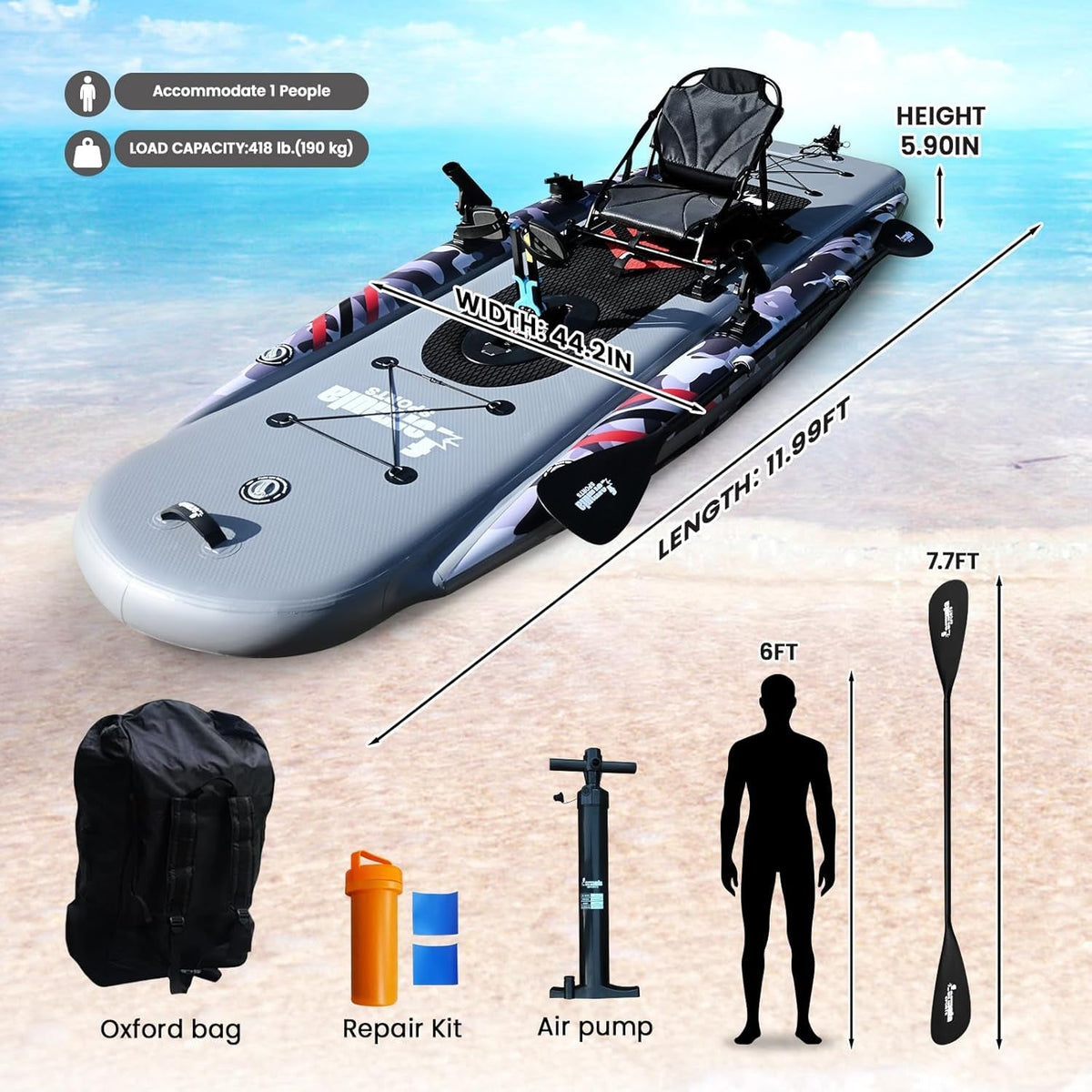 Inflatable Fishing Kayak for Adults - 1 Person, Pedal Drive, Folding, with Movable Seat, Hand Pump & Paddle & Oxford Bag, 410Lbs Capacity - The Vitality Estate