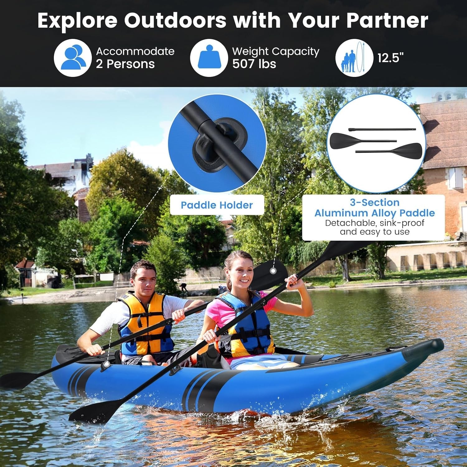 Inflatable Kayak, 12.5Ft 507Lbs Tandem Kayak with 2 Aluminum Paddles, 2 Padded Seats, Footrests, 2 Fins, Hand Pump, Carry Bag & Repair Kit, 2 Person Fishing Touring Kayak for Adults - The Vitality Estate