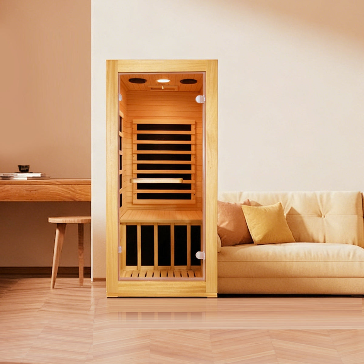 An infrared sauna room creating a warm, private recovery zone within an elevated estate