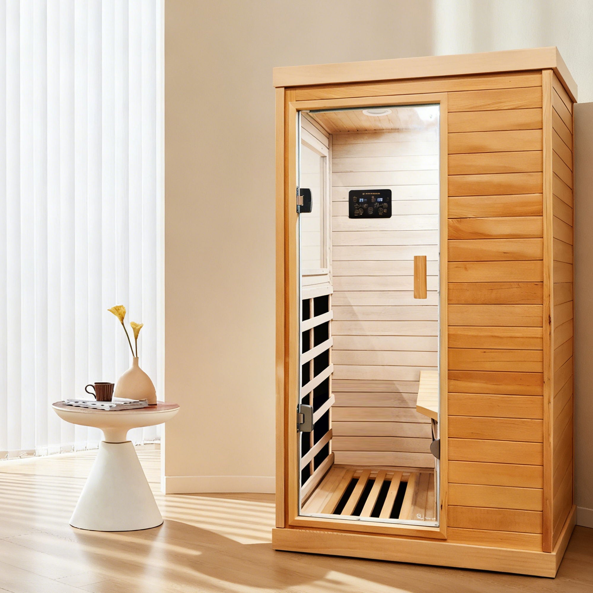 Infrared Sauna Room Single Room With Hemlock Frame, 6 Heating Plates, Built-In Lights And Bluetooth Audio - Natural - The Vitality Estate