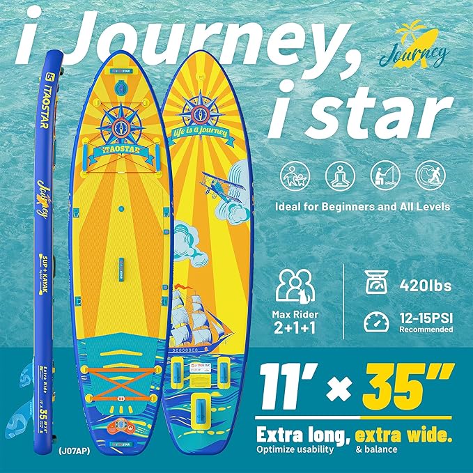 Journey 11'6" / 11'×34" / 11'×35" Extra Wide Paddle Board, One-Stop Premium SUP Board Accessories, Tailored Fins, Stable Inflatable Stand Up Paddle Boards for Youth/Adults of All Skill Levels - The Vitality Estate