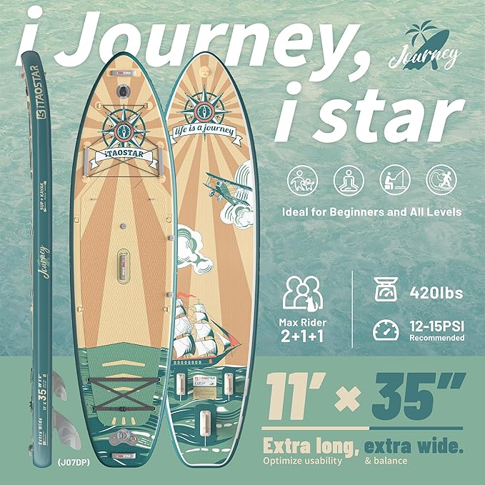 Journey 11'6" / 11'×34" / 11'×35" Extra Wide Paddle Board, One-Stop Premium SUP Board Accessories, Tailored Fins, Stable Inflatable Stand Up Paddle Boards for Youth/Adults of All Skill Levels - The Vitality Estate