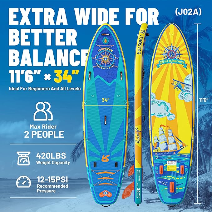 Journey 11'6" / 11'×34" / 11'×35" Extra Wide Paddle Board, One-Stop Premium SUP Board Accessories, Tailored Fins, Stable Inflatable Stand Up Paddle Boards for Youth/Adults of All Skill Levels - The Vitality Estate