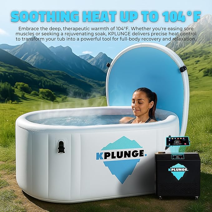 Kodiak 59" 1-Person Inflatable Cold Plunge Ice Bath or Hot Tub with 3/4 HP Chiller and Heater, PVC Insulated Lid, Hand Pump, Repair Kit, 110-Gallon Capacity, Indoor/Outdoor Tub – Gray - The Vitality Estate