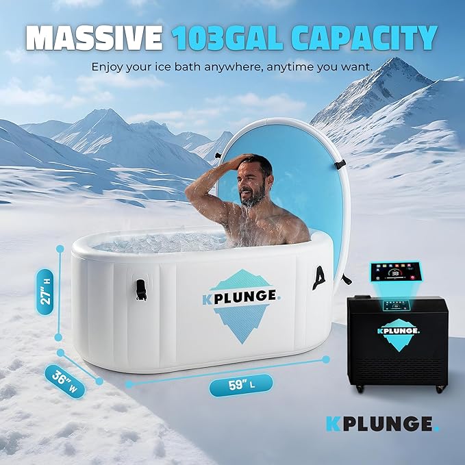 Kodiak 59" 1-Person Inflatable Cold Plunge Ice Bath or Hot Tub with 3/4 HP Chiller and Heater, PVC Insulated Lid, Hand Pump, Repair Kit, 110-Gallon Capacity, Indoor/Outdoor Tub – Gray - The Vitality Estate