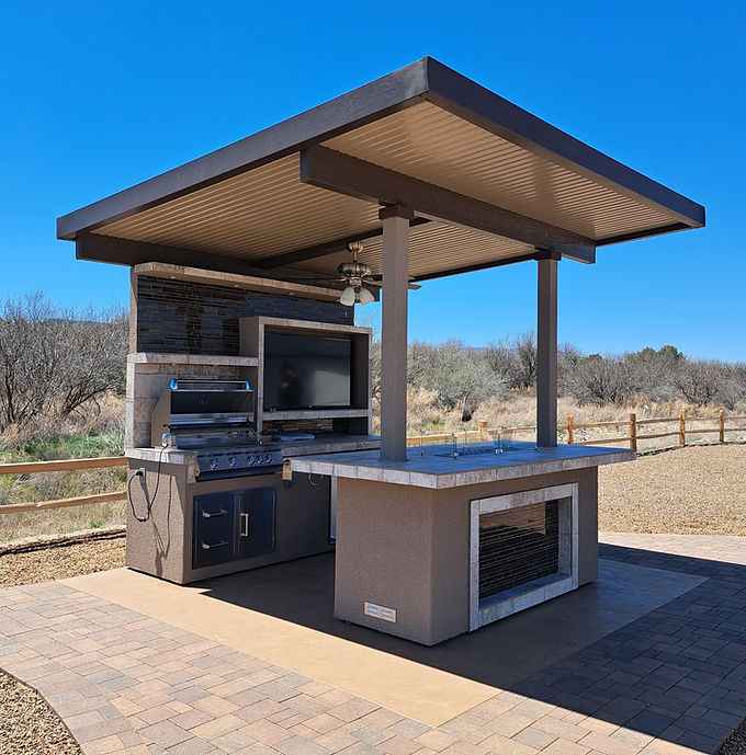 KoKoMo Baja Outdoor Kitchen with 12x12 Patio Cover – Complete Modular BBQ Island with Grill, Fridge & Bar Seating - The Vitality Estate