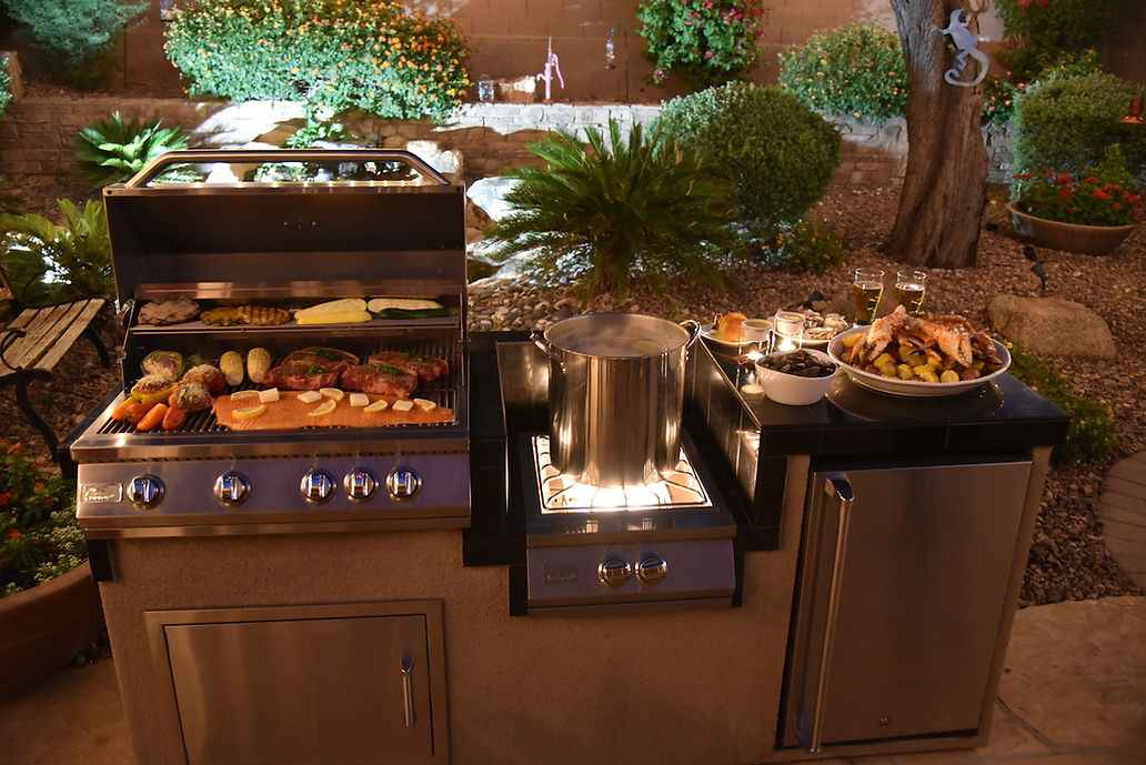 KoKoMo BBQ Island - 7'6" Outdoor Kitchen with 4-Burner Grill, Wok Burner & Refrigerator - The Vitality Estate