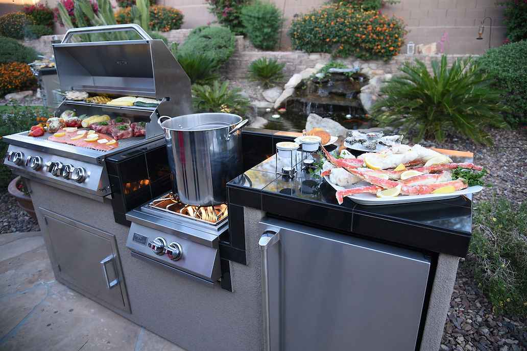 KoKoMo BBQ Island - 7'6" Outdoor Kitchen with 4-Burner Grill, Wok Burner & Refrigerator - The Vitality Estate