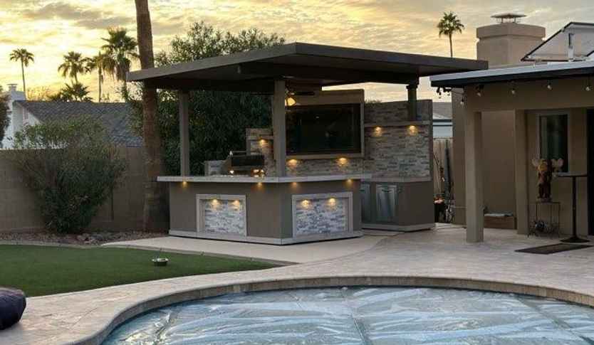 KoKoMo Bermuda Kitchen BBQ Island with Built-In TV, Fire Pit & Bar for Ultimate Outdoor Entertaining - The Vitality Estate