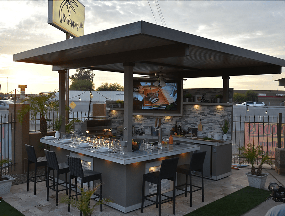KoKoMo Bermuda Kitchen BBQ Island with Built-In TV, Fire Pit & Bar for Ultimate Outdoor Entertaining - The Vitality Estate