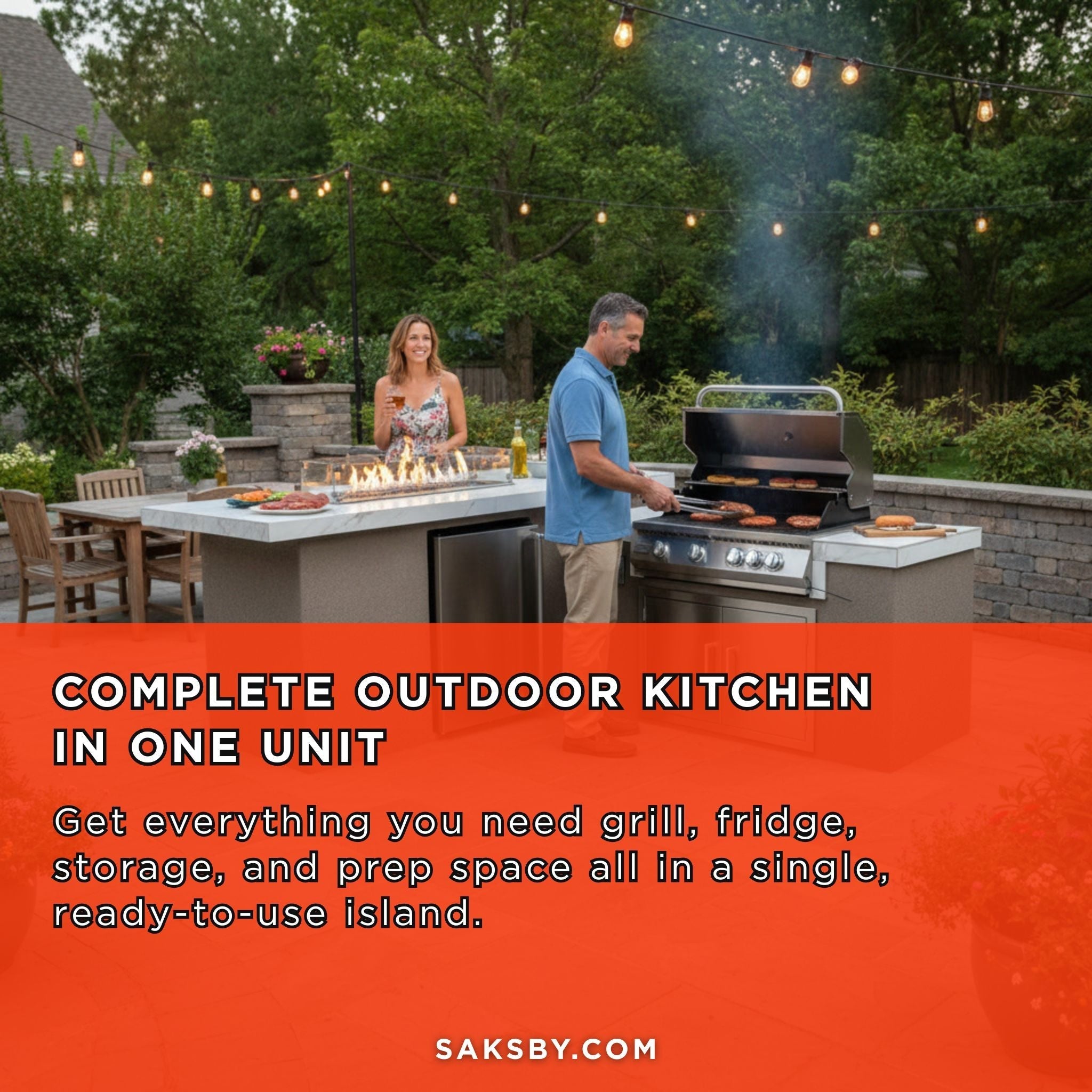 KoKoMo Grills Baja 9FT BBQ Island With LEDs, Built-In BBQ And Refrigerator [Made-To-Order] (SAK85739) - The Vitality Estate